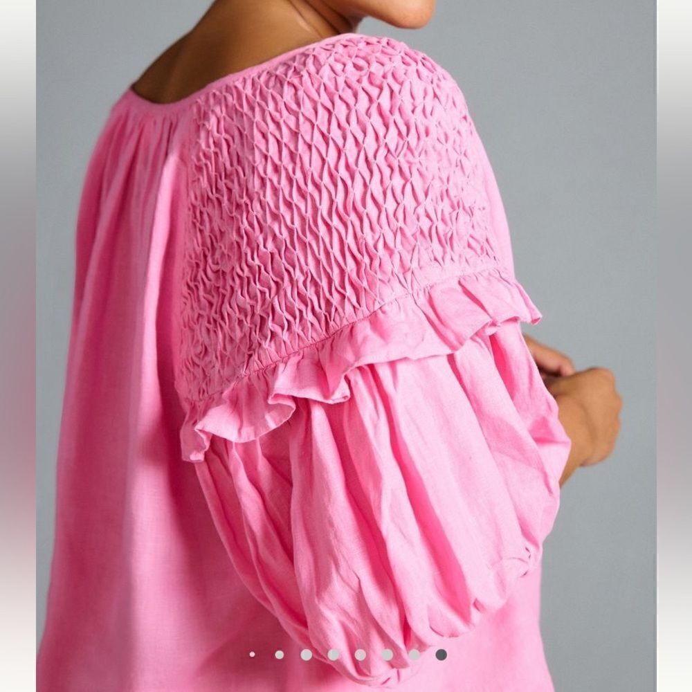 Self Contrast Smocked Linen Blouse - Picture 8 of 9